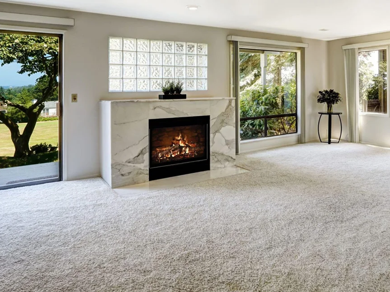 Living room with fireplace and carpet flooring